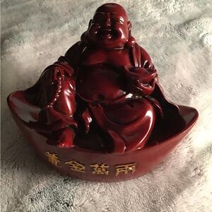Glossy Dark Red Laughing Buddha Sculpture - Home Art Accent